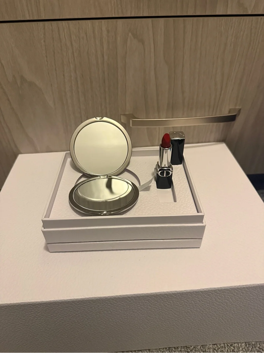 Dior Red Lipstick with Silver Compact Mirror